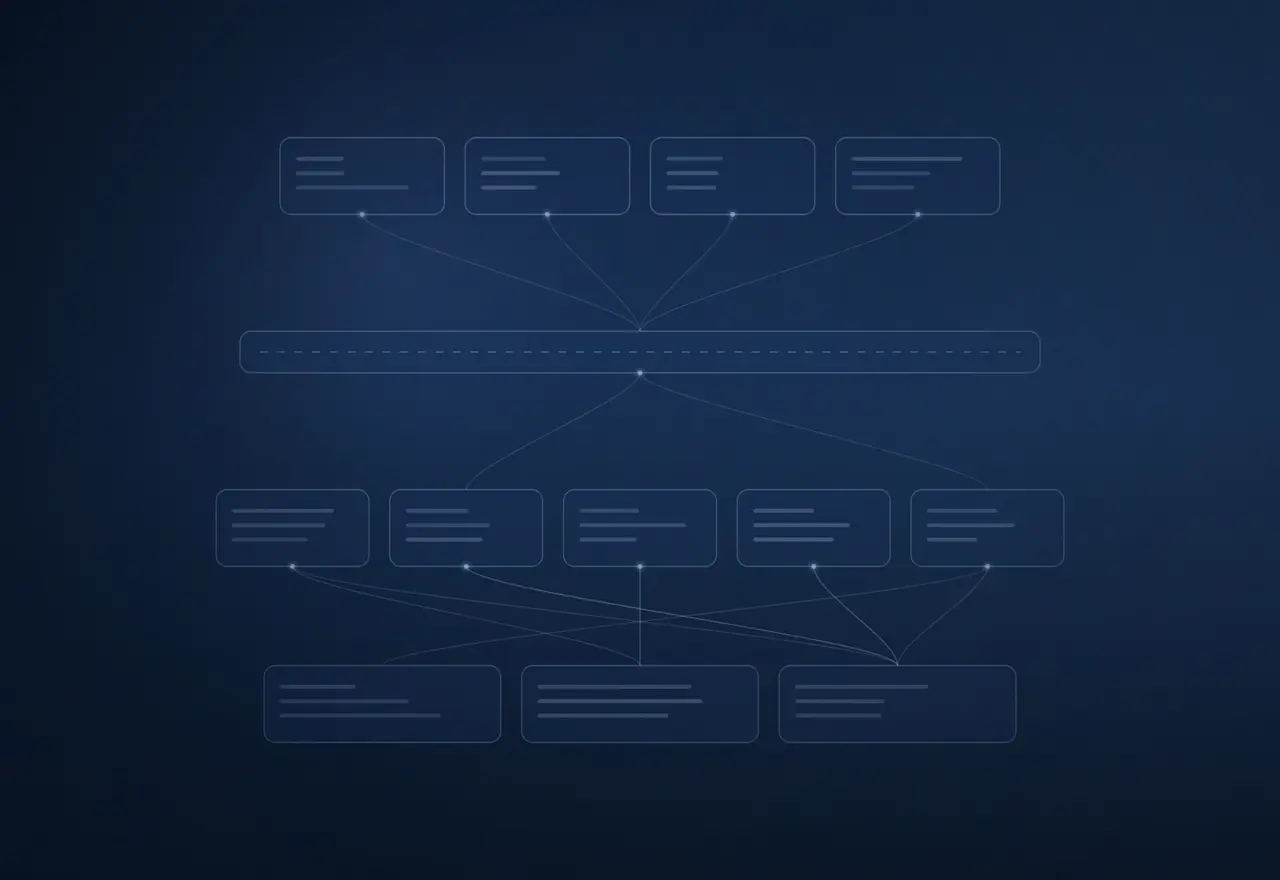 Abstract diagram of a modular application architecture: interface layers, an API contract, business domains and data, joined by explicit contracts.